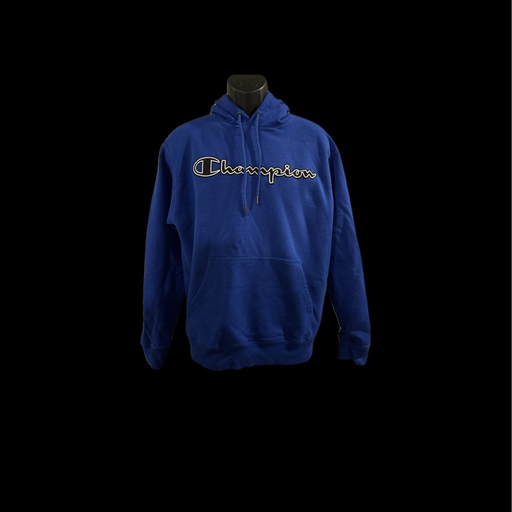 Champion Sweatshirt Hoodie Embroidered Logo Pullover Kangaroo Pocket Blue Mens L